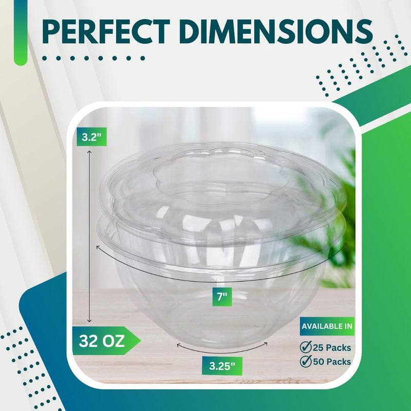 Green Direct Clear Plastic Salad Bowls with Lids Disposable, 32 oz - Pack of 50, Salad Container for Lunch and Meal Prep, Plastic Bowls with Lids for Fruit Salads, Quinoa, Acai Bowl with Snap on Lid - Image 2
